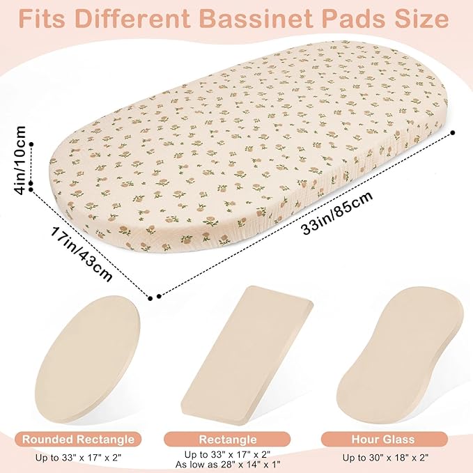 Basumee Muslin Bassinet Sheets for Baby Girl Boy 2 Pack Soft Breathable Baby Bedside Bassinet Fitted Sheets with Bottom Elastic Band 33''x17''x4'' Mattress Cover for Rectangle Oval Hourglass Bassinets