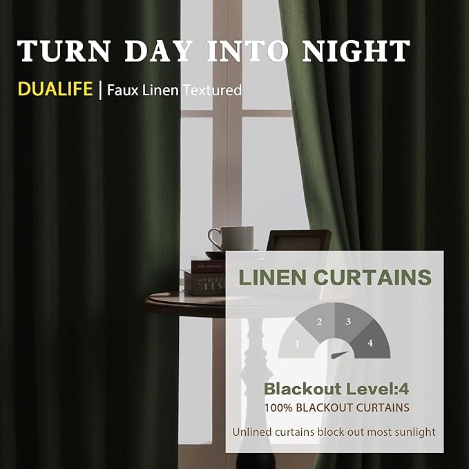 DUALIFE Short Blackout Linen Curtainsfor Kitchen CAF?Doors 54 Inches Long,Rod Pocket Back Tab Hook Belt for Bathroom Basement Laundry 34 Inch Wide x 54 Inch Length,2 Panels Sage Green