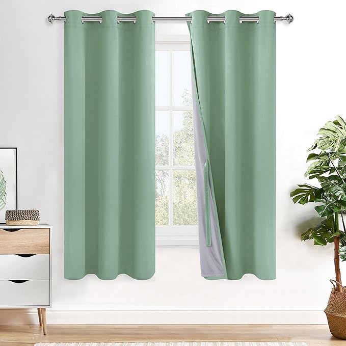 XWZO 100% Blackout Curtains - Heat and Full Light Blocking Drapes with Black Liner for Bedroom/Laundry Room, Grommet Top Window Panels with Tiebacks, Light Sage, W42 x L72, Set of 2