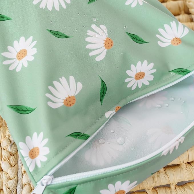 Happy Flute 3 Set Wet Bag Storage Bag Zipper Waterproof Washable Travel Bags, Beach, Pool, Gym Bag for Cloth Diaper, Swimsuits & Wet Clothes for Baby,11.8x15.7inch (Daisy)