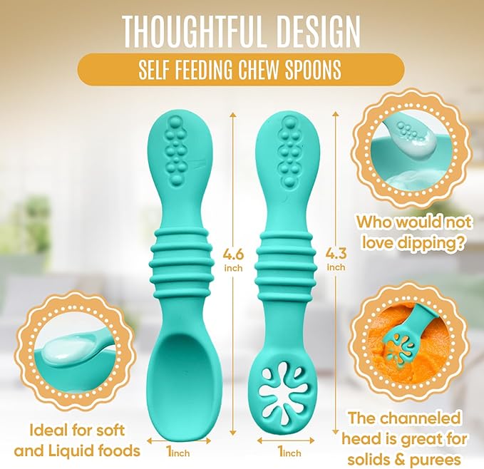 HippoBaby 4pc Silicone Baby Spoons Self Feeding Baby Utensils 6-12 Months - 3 Baby Spoon - 1 Baby Fork - Toddler Cutlery Set - BPA Free, Dishwasher Safe - Baby Eating Essentials (Turquoise/Pickle)