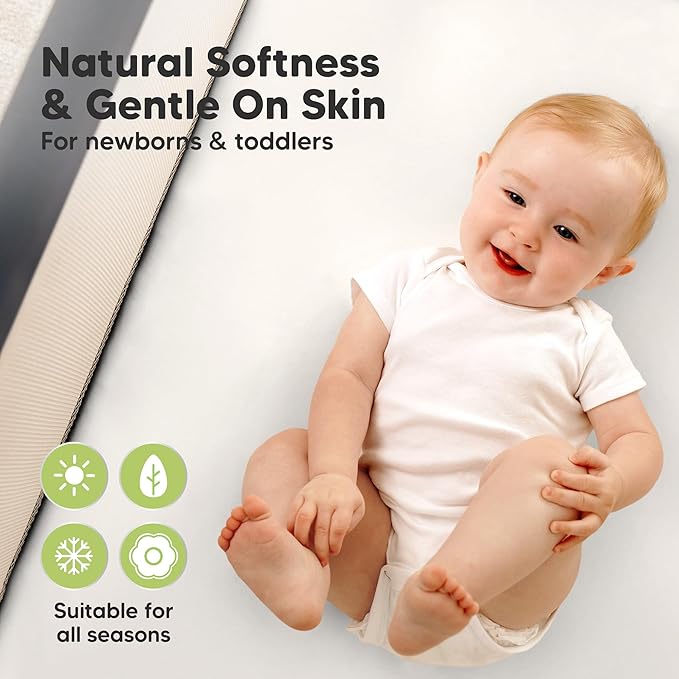 2 Pack and Play Sheets, Waterproof Mini Crib Sheets Fitted - 38x26 Organic Cotton Pack N Play Sheets for Graco Pack and Play Mattress, Playard Baby Crib Sheets,Neutral for Boy,Girl,Toddler(Soft White)