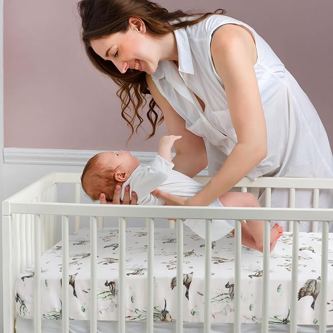 LifeTree Crib Sheets for Baby Unisex - Muslin Fitted Crib Sheets Toddler Bed Sheet, 70% Viscose from Bamboo and 30% Cotton, Fits Standard Crib, Mallard Duck, 28in x 52in
