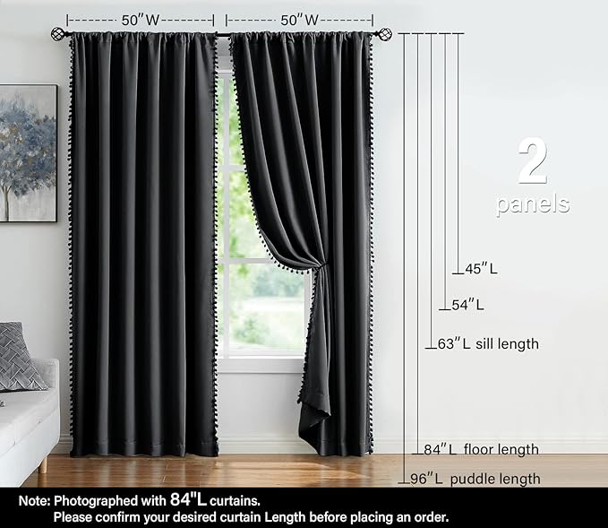 Pompom Blackout Window Curtains 54 Inch Black Thermal Insulated Curtain Drapes for Small Laundry Basement Room Thermal Insulated Curtain Set 2 Panels
