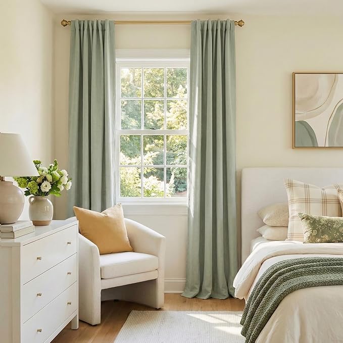 100% Blackout Shield Linen Blackout Curtains for Bedroom 90 Inches Long, Back Tab/Rod Pocket Living Room Drapes, Thermal Insulated Blackout Curtains 2 Panels Set, 50" W x 90" L,Sage Green