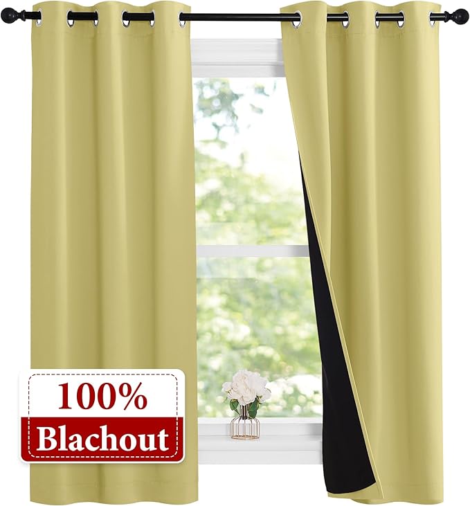 NICETOWN 100% Blackout Short Curtains with Black Liners, 2 Panels, 37" W by 60" L, Paler Yellow, Thermal Insulated Full Blackout 2-Layer Lined Drapes, Energy Efficiency Window Draperies for Bedroom