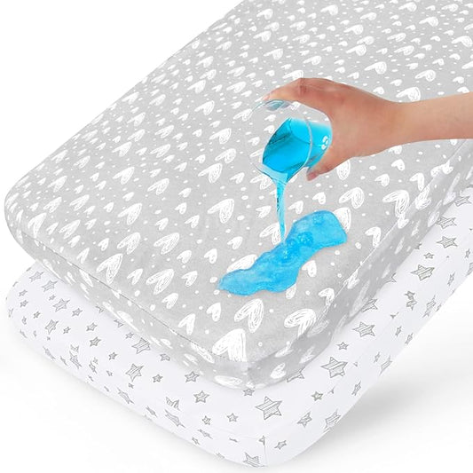 Waterproof Crib Sheets 2 Pack, 100% Cotton Crib Mattress Protector, Fitted Crib Sheet, Ultra Soft & Breathable Toddler Bed Cover for Boys and Girls, White & Grey Star Print