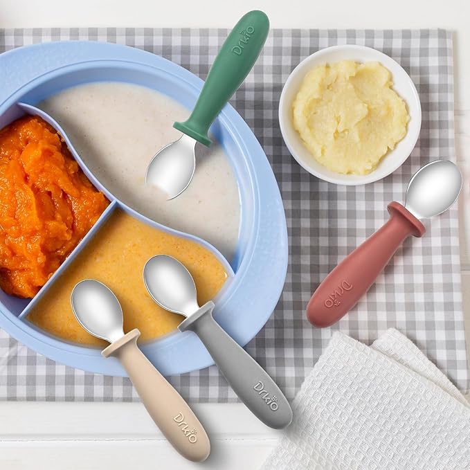 DRKIO 8 PCS Toddler Spoons Set - Baby Spoons with Silicone Handle Children safe 18/8 Stainless Steel Toddler Utensils Set for Self Feeding Kids Silverware Anti-Choke Design Food Grade Dishwasher Safe