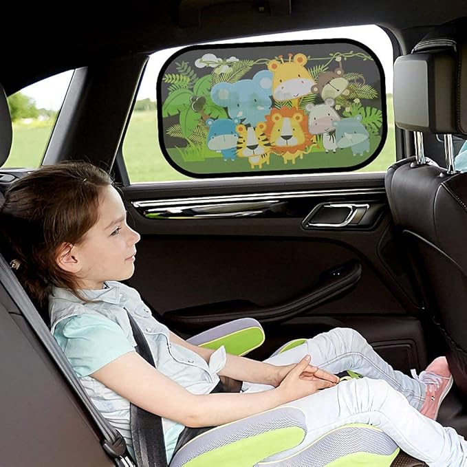 MOVINPE Car Sun Shade for Baby Kids 2 Pack Static Cling Side Window Car 80GSM Rear Sunshades Universal with 8 Suction Cups and Storage Bag - Sun Glare and UV Rays Protection (Cute Animals)