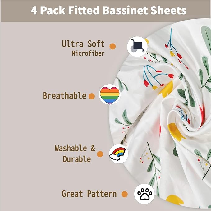 4 Pack Bassinet Fitted Sheets Compatible with 19" x 33" Koolababy/Koolerthings, BCOL, Semphis, Cowiewie and IKOMZY Baby Bassinet, Soft and Skin-Friendly, Pink and Rabbit
