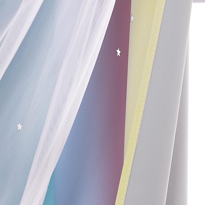 NICETOWN Kids Room Decor for Girls, White Gauze & Blackout Drapes Assembled, Star Cut Curtain Panels with Versatile Styling Options (Purple & Blue & Yellow, Each is W52 x L84, Sold by 2 Panels)