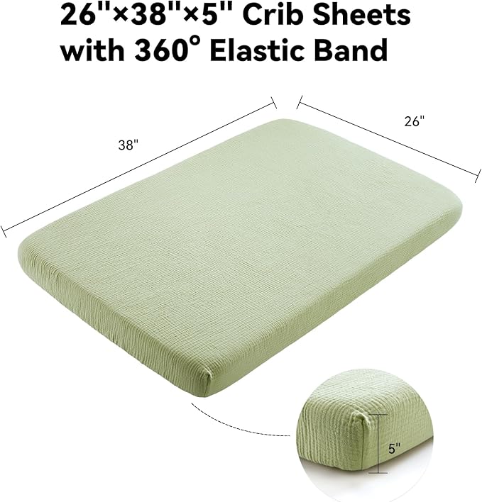 TILLYOU Muslin Mini Crib Sheets 2 Pack, Pack and Play Mattress Sheets Fitted for Pack N Play, 38 x 26 Sheet for Toddler, Forest Green and Light Green