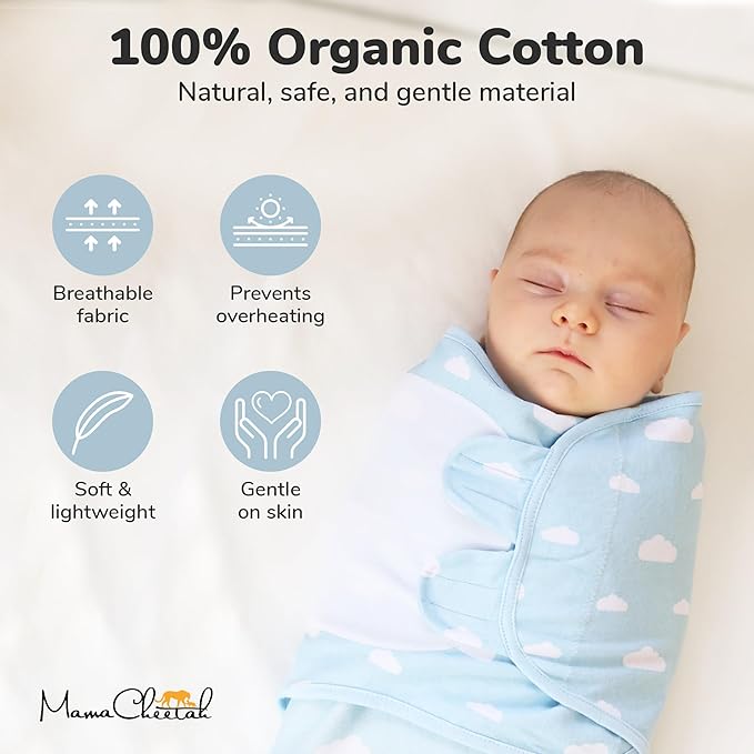 Mama Cheetah Baby Swaddle Sack, Organic Swaddling Blanket, Newborn Swaddle Sleep Sacks, Adjustable Infant Swaddle Wrap, Easy Swaddles for Boy 0-3 Month, Baby Essentials, Nursery Swaddling 3-Pack, Blue