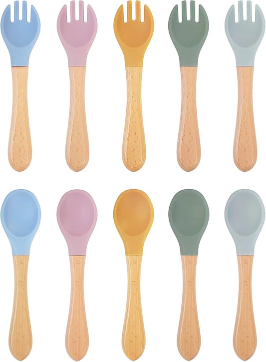 10pcs Bamboo & Silicone Baby Spoons & Forks - First Stage Baby Led Weaning, Chewable Utensils for Self-Feeding, Over 6 Months