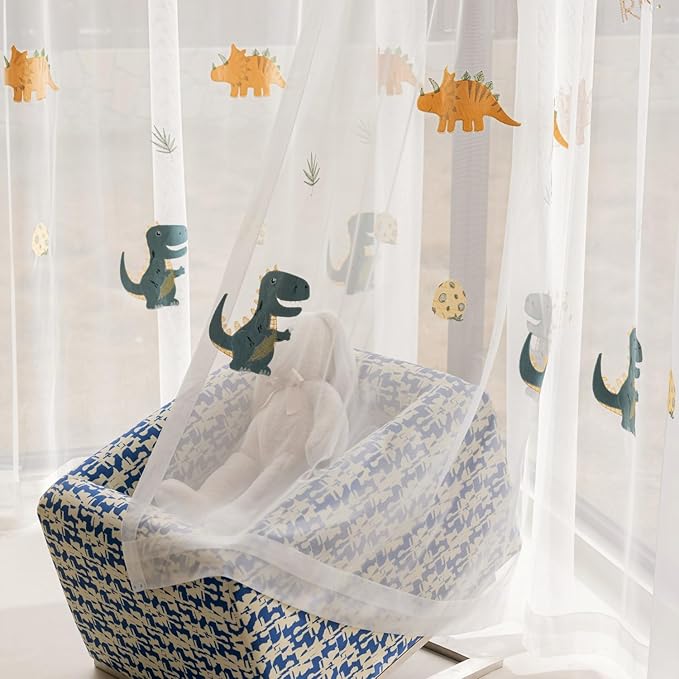 KMSG Cartoon Dinosaur Sheer Kids Curtains Embroidery Voile Drapes Nursery Curtains for Children Boys Baby Bedroom Living Room Light Filtering Window Tratement Grommet Top 1 Panel W52 x L63 Inch