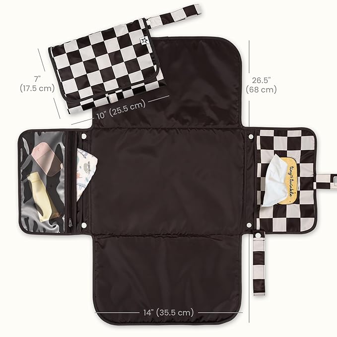 Tiny Twinkle Portable Diaper Changing Pad | Waterproof, Wipeable & Compact Baby Changing Pad for Travel | Smart Wipes Pocket & Organized Storage| Newborn Shower Gift (Black Checkers)