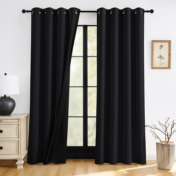 RYB HOME 100% Blackout Black Curtains for Bedroom Living Room, Thermal Insulated Heat Blocking Noise Reducing Window Curtains & Drapes for Kids Room, 52 inches Wide by 90 inches Long, 2 Panels Set