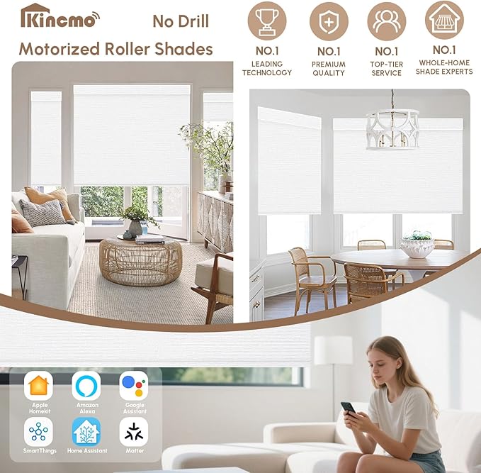 Kincmo No Drill Motorized Blinds with Remote, 100% Blackout Roller Shades for Windows, Custom Electric Blinds Compatible with Alexa, Apple Homekit, Google Home (100% Blackout Elegant White)