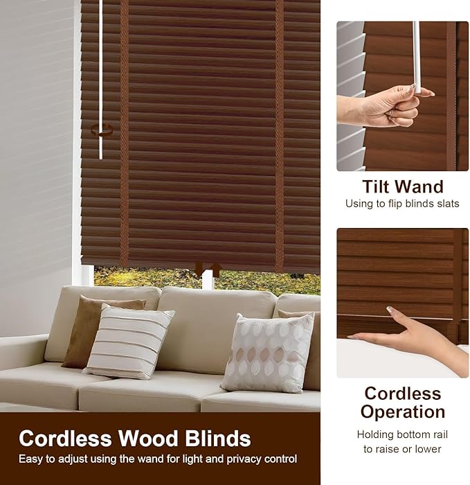 2" Cordless Wood Blinds for Indoor Windows Custom Blackout Blinds Room with Privacy Protection, Cordless Wooden Horizontal Window Shades for Bedroom, Living Room, Office, Kitchen, 42" W x 72" H