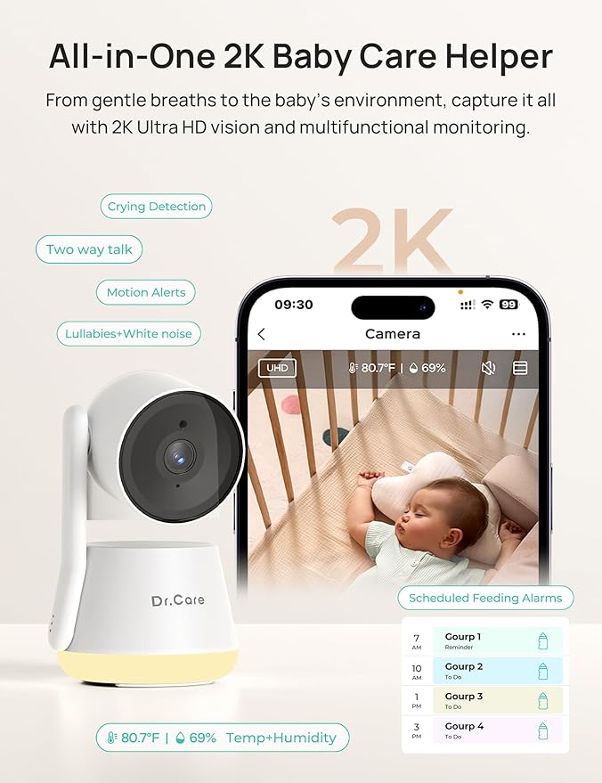 Dr.Care LumiView Smart WiFi Baby Monitor with 2 Cameras - 5" 1080P FHD & 2K Camera App Control, Privacy Mode, 5000mAh Removable Battery, Cry & Motion Alerts, HD Night Vision, Multi-User,1279ft Rang