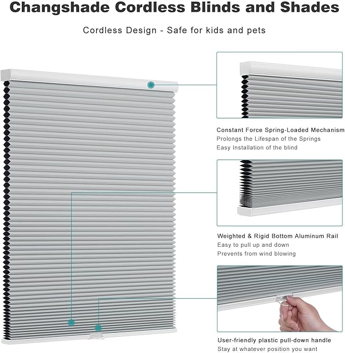 Changshade Cordless Cellular Shades, Blackout Honeycomb Shades for Windows, Pull Down Pleated Blinds, Easy to Install for Indoor Windows and French Doors,37" W x 72" H, Grey