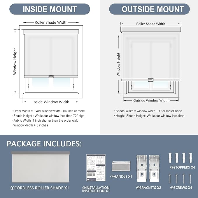 AOSKY Light Filtering Roller Shades Cordless Blinds for Windows, 1% Openness Free-Stop Shades with Valance, Thermal Insulated Fabric, UV Protection, Natural Woven Blindss（32" W x 72" H, Grey）