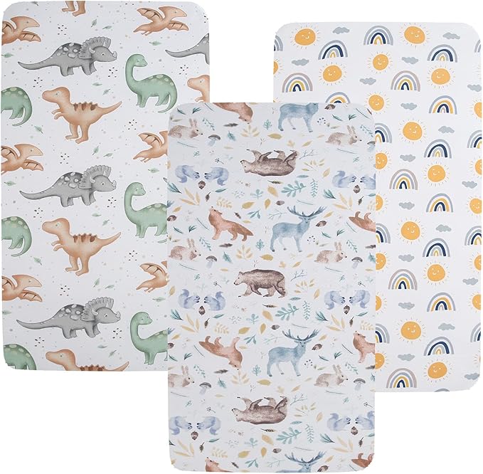 Pack n Play Sheet Stretchy Fitted Portable Mini Crib Sheets Set 3 Pack,Playard Sheets Convertible Playard Mattress Cover,Ultra Soft Jersey Material,Sun/Forest Deer/Dinosaur