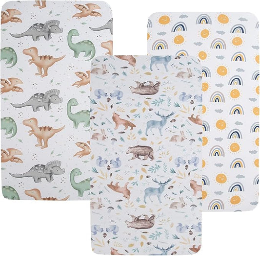 Pack n Play Sheet Stretchy Fitted Portable Mini Crib Sheets Set 3 Pack,Playard Sheets Convertible Playard Mattress Cover,Ultra Soft Jersey Material,Sun/Forest Deer/Dinosaur