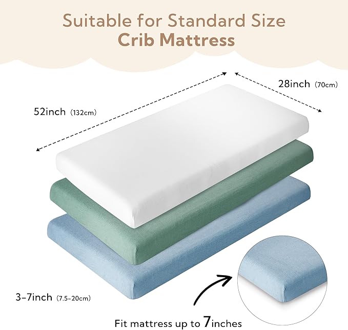 SOULFUL Muslin Crib Sheets for Boys Girls, 3 Pack Soft and Breathable Cotton Fitted Crib Sheets for Standard Crib Mattress (28"x 52", White & Blue & Green)