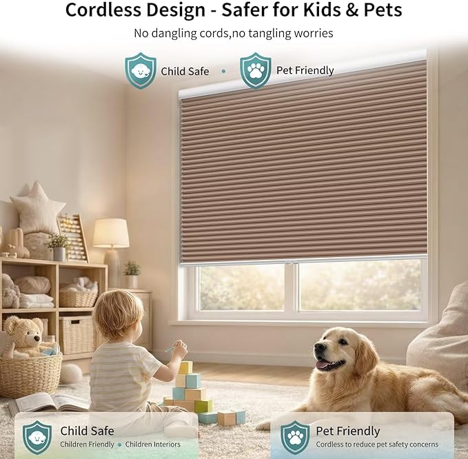 MYshade Cordless Blackout Cellular Shades for Windows, Honeycomb Window Shades with Thermal Insulation, Child & Pet Safe Room Darkening Shade, Easy Install,29" W x 50" H, Light Brown
