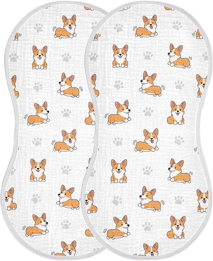 Qinllo 2 Pack Muslin Burp Cloths Cute Corgi Dogs White Cotton Baby Burp Cloths Extra Absorbent and Soft Thick Burping Cloth for Newborn Boys Girls 22x11 Inch