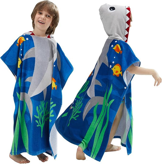 BANGSAUR Kids Hooded Towel Bath Beach Soft Cotton Towels Boys Absorbent Pool Wrap with Hood Baby Toddler Poncho Robe(White Shark,9-12Years/Height:49"-59")
