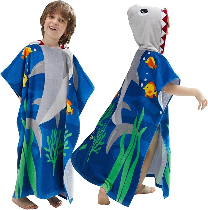 BANGSAUR Kids Hooded Towel Bath Beach Soft Cotton Towels Boys Absorbent Pool Wrap with Hood Baby Toddler Poncho Robe(White Shark,3-4Years/Height:33"-43")