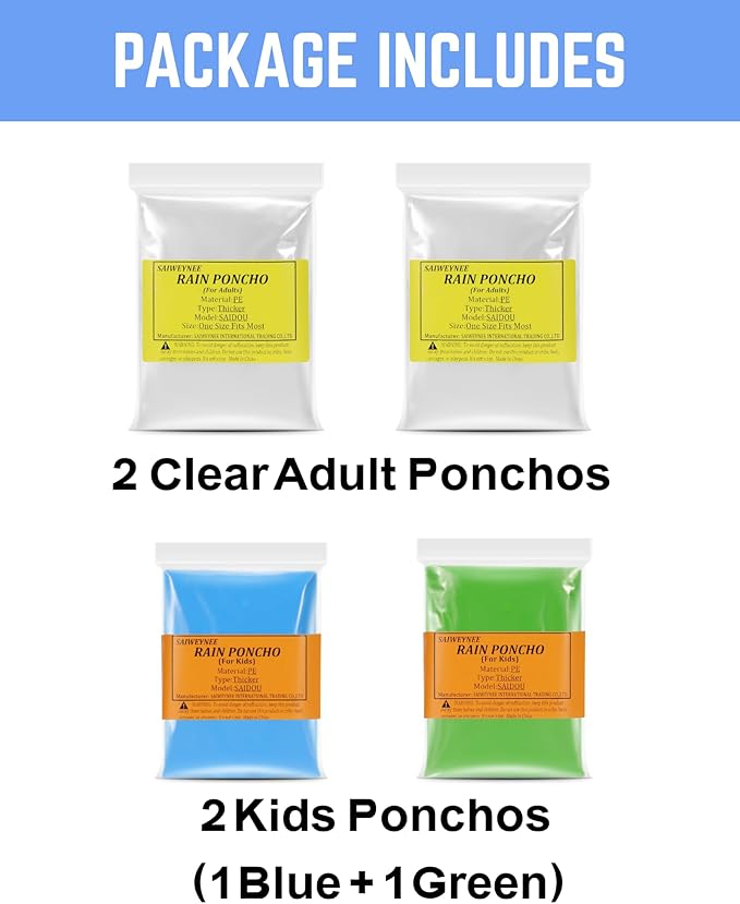 Rain Ponchos for Adults, Kids & Family - 4, 8, 9 & 16 Pack Options - Extra Thick, Tear-Resistant with Hood