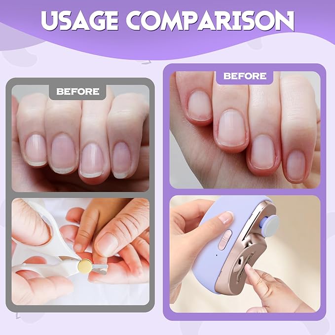 Automatic Nail Clipper Electric Nail Trimmer Polisher 3 in 1 Portable Fingernail Cutter with Light 2 Speeds File Nail Clip Storage Rechargeable Safety Trimmer for Seniors Adults Kids Baby (Purple)