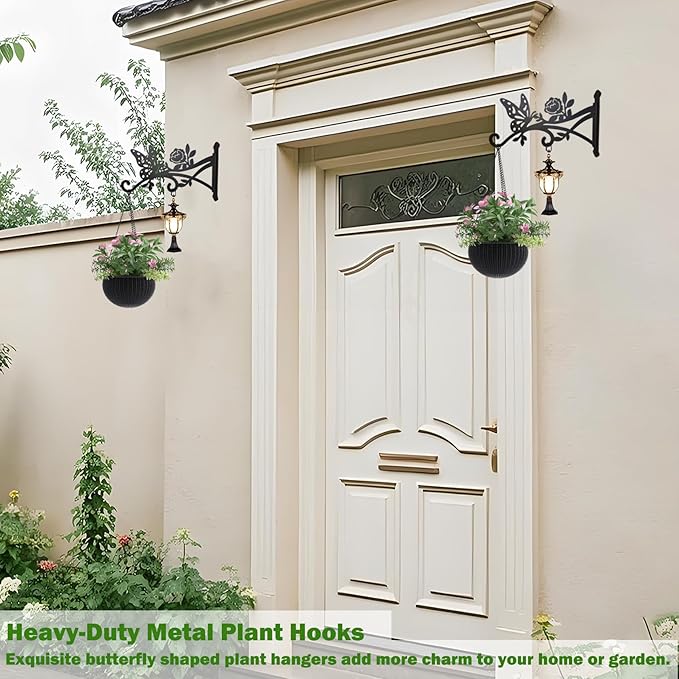 2 Pack Plant Hanger Hooks-12in Hanging Basket Hook-Heavy Duty Metal Wall Hanger with Butterfly Pattern-Plant Bracket for Outdoor & Indoor Hanging Plants,Bird Feeder,Lantern