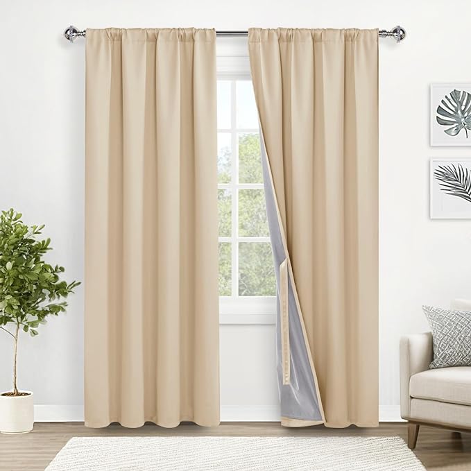 XWZO Full Blackout Curtains 84 Inches Long - Double Layer Full Room Darkening & Energy Efficiency Rod Pocket & Back Tab Window Panels with Tiebacks for Bedroom, Biscotti Beige, W52 x L84, Set of 2