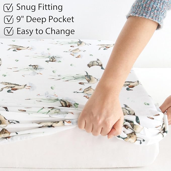 LifeTree Crib Sheets for Baby Unisex - Muslin Fitted Crib Sheets Toddler Bed Sheet, 70% Viscose from Bamboo and 30% Cotton, Fits Standard Crib, Mallard Duck, 28in x 52in
