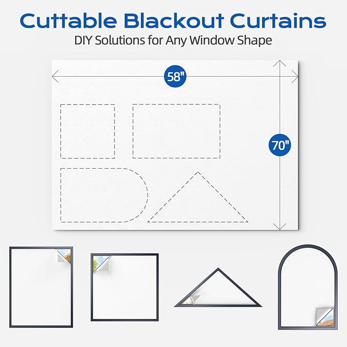 White Blackout Curtains for Bedroom, 70" x 58" Portable Blackout Blinds with 20 Sets Hooks & Loops Strips for 100% Blackout Window Film, Temporary Black-Out Shades for Windows Cover Nursery Travel RV