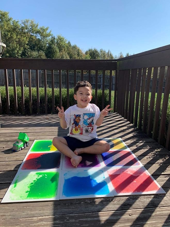 Sensory Liquid Floor Tiles for Autism, Activity Play Mats for Kids,Sensory Early Learning Room, Square Decorative Tiles Multi-Color with Anti-Slip Backing 12" X 12" Pack of 9 PCS