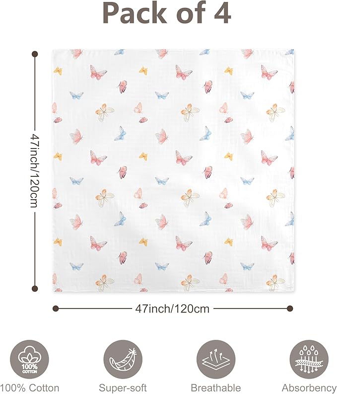 4-Pack 100% Cotton Muslin Swaddle Blankets, Large 47 x 47 Inches — Breathable Soft Receiving Blankets for Newborns, Swaddling Wraps, Baby Essentials, Registry Gift (Butterfly Floral Garden)