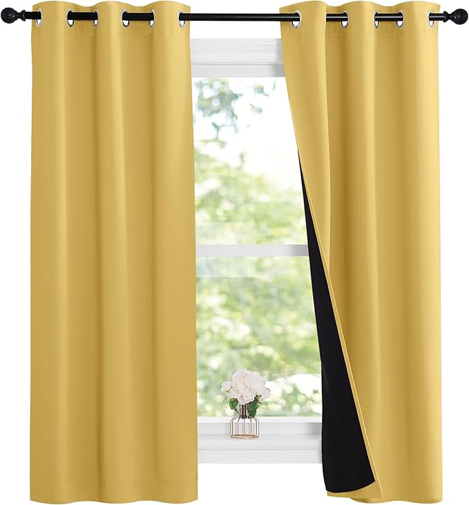 NICETOWN Bright Yellow Full Shade Curtain Panels, 37" Wide x 70" Long, Pair of Thermal Insulated & Energy Efficiency Blackout Curtains for Living Room Windows, Lined Silky Performance Window Dressing
