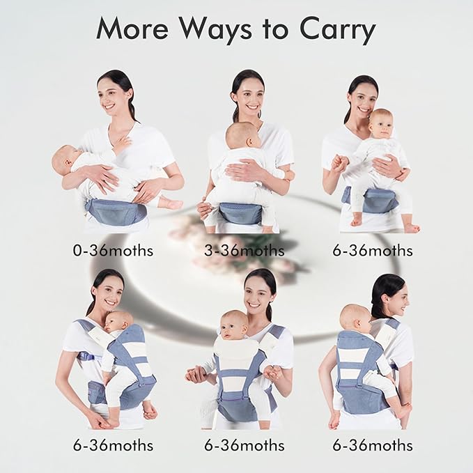 Baby Carrier, Bellababy Multifunction Baby Carrier Hip Seat (Ergonomic M Position) for 3-36 Month Baby, 6-in-1 Ways to Carry, All Seasons, Adjustable Size, Perfect for Shopping Travelling (Grey)