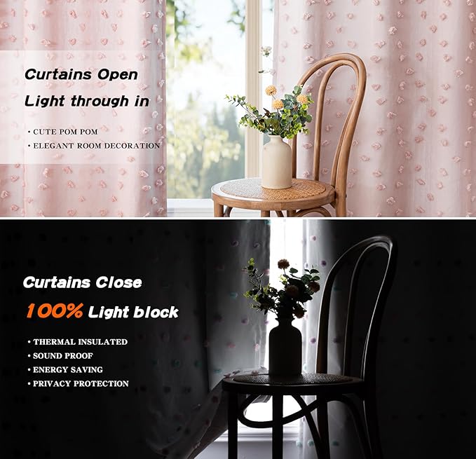 MYSKY HOME 100% Blackout Curtains for Nursery Thermal Insulated Blush Pink Pom Pom Curtain 72 Inch Length for Girls Bedroom 2 Panels Grommet White Sheer Drapes for Kitchen Dining Room Door, 52W x 72L