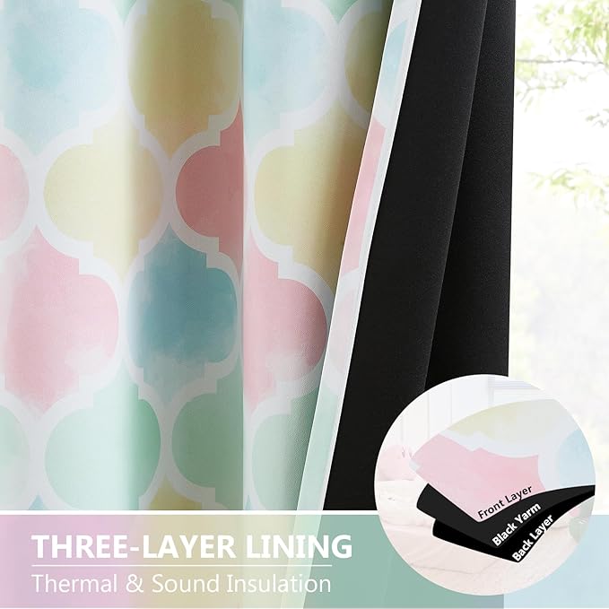 Kids Full Blackout Curtains 63 Inches Long for Juvenile Bedroom Multi-Color Moroccan Geo Window Curtain Panels Thermal Insulated Room Darkening Grommet Top Drapes, 52x63, Pink 2 Panels
