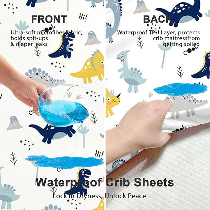 Little Grape Land Waterproof Crib Sheets for Boys Girls, Soft and Breathable Waterproof Baby Crib Sheets 52"x28", Crib Mattress Sheets Neutral for Standard Crib and Toddler Bed Mattress (Dinosaur)
