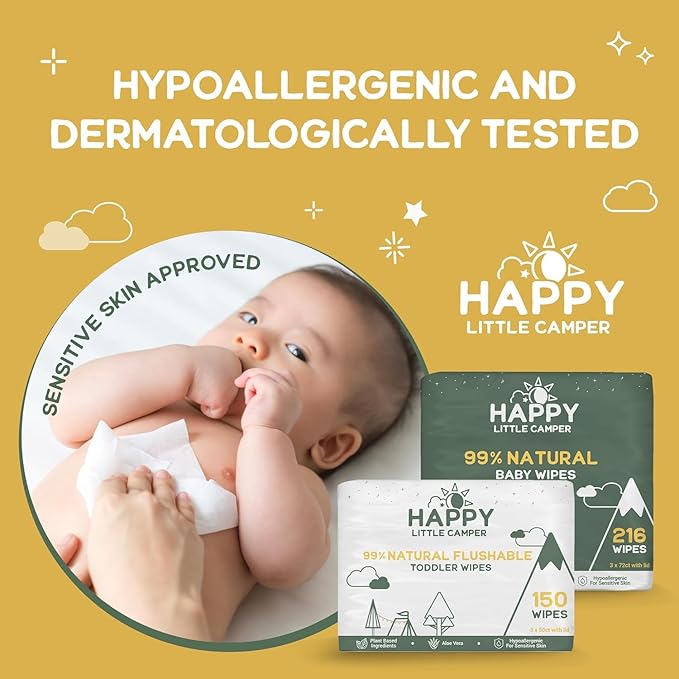 Happy Little Camper Natural Flushable Wipes - Hypoallergenic Wet Wipes with Aloe Vera, Chamomile and Pomegranate Extract - Unscented Baby Wipes Safe for Sensitive Skin - 600 Count