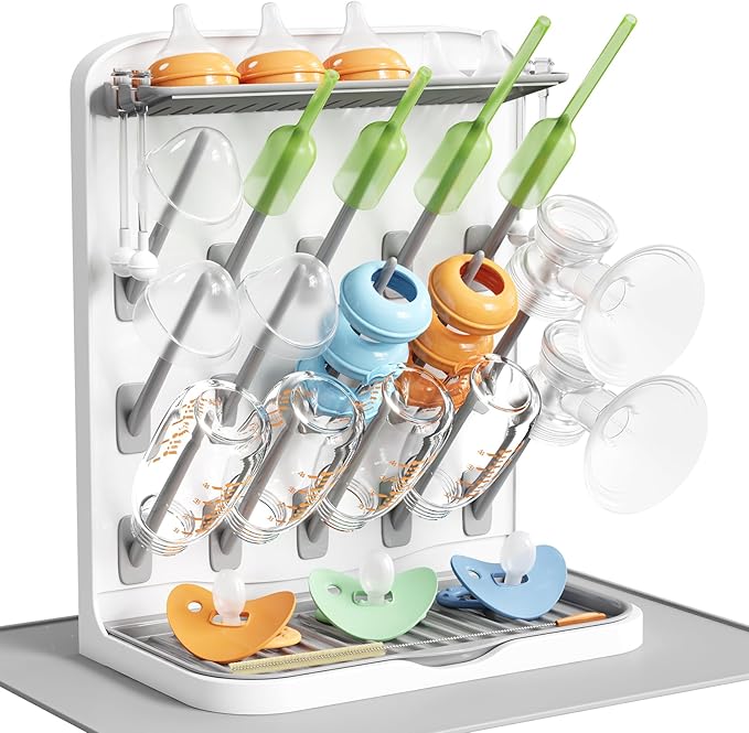 Lifewit Large Baby Bottle Drying Rack with Drain Mat, 15 Hooks Vertical Rack Dryer with Removable Pacifiers Box, Drip Tray, Space Saving Countertop Holder Organizer for Weighted Straws, Pump Parts
