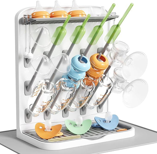 Lifewit Large Baby Bottle Drying Rack with Drain Mat, 15 Hooks Vertical Rack Dryer with Removable Pacifiers Box, Drip Tray, Space Saving Countertop Holder Organizer for Weighted Straws, Pump Parts