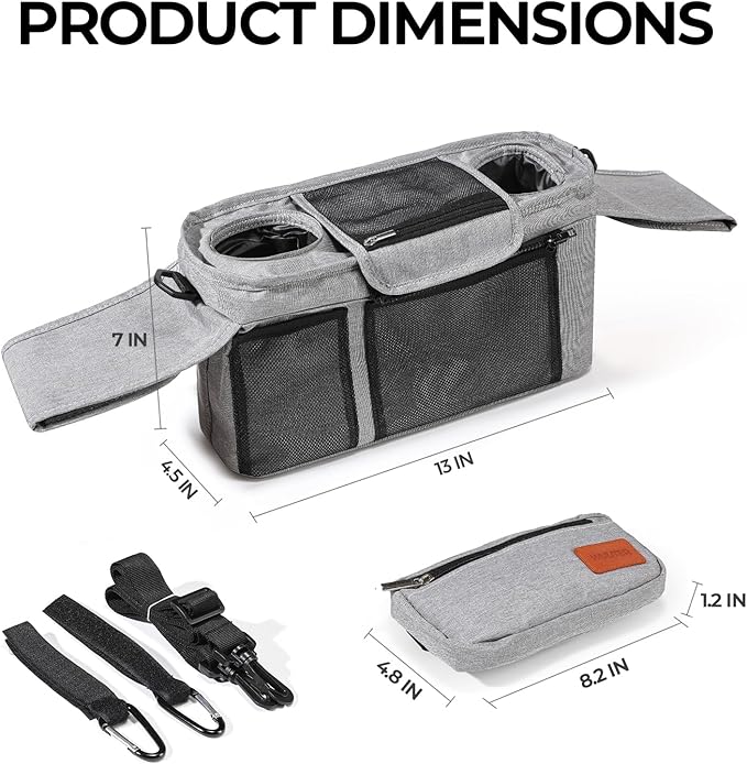 Stroller Organizer with Cup Holder Detachable Wristlet Large Capacity Baby Stroller Bag for Mom, Fits Uppababy, Baby Jogger, Britax, BOB, More (Grey)